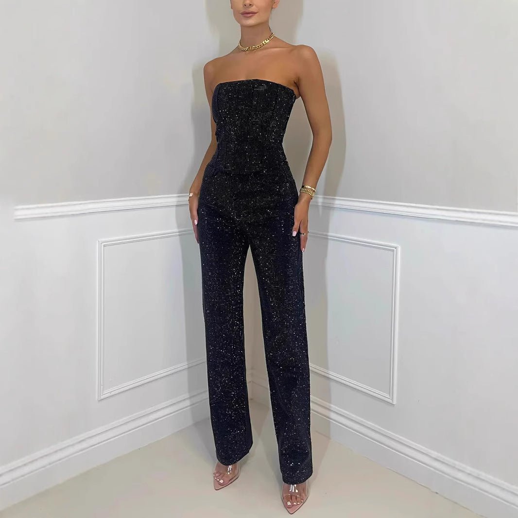 Elysia Off - Shoulder Pants Suit | Sparkling Diamond Design - Hartwella