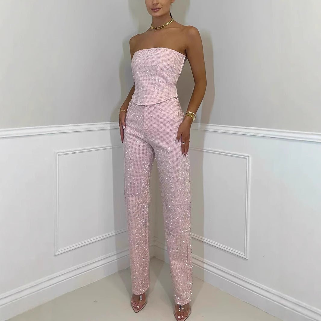Elysia Off - Shoulder Pants Suit | Sparkling Diamond Design - Hartwella