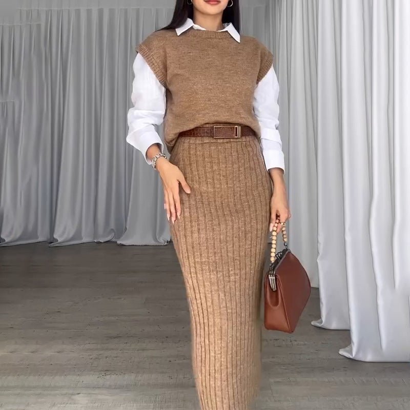 Elysia Women's Outfit | Soft Ribbed Knit Sweater Set with Midi Skirt - Hartwella