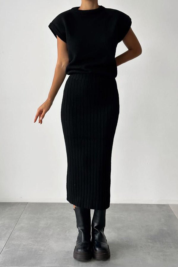 Elysia Women's Outfit | Soft Ribbed Knit Sweater Set with Midi Skirt - Hartwella