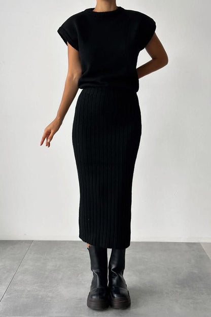 Elysia Women's Outfit | Soft Ribbed Knit Sweater Set with Midi Skirt - Hartwella