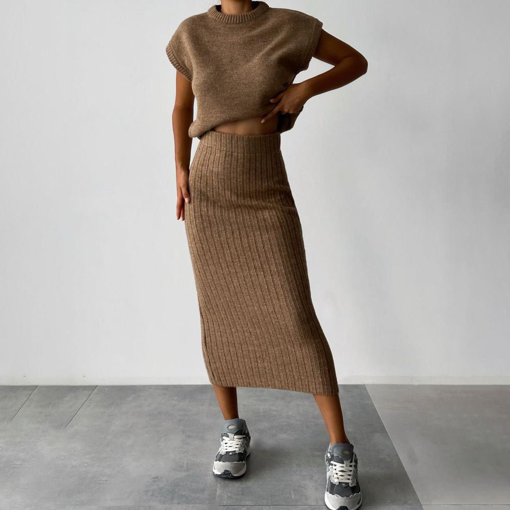 Elysia Women's Outfit | Soft Ribbed Knit Sweater Set with Midi Skirt - Hartwella