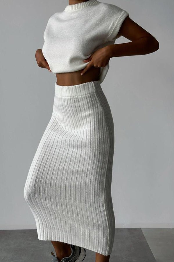 Elysia Women's Outfit | Soft Ribbed Knit Sweater Set with Midi Skirt - Hartwella