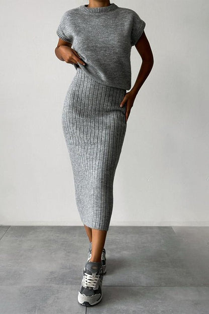 Elysia Women's Outfit | Soft Ribbed Knit Sweater Set with Midi Skirt - Hartwella