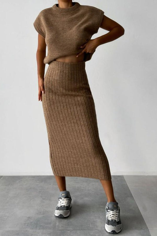 Elysia Women's Outfit | Soft Ribbed Knit Sweater Set with Midi Skirt - Hartwella
