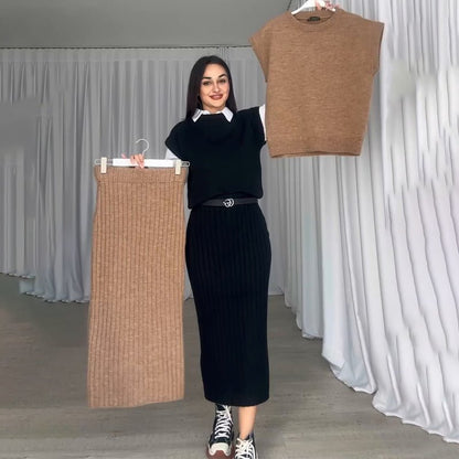 Elysia Women's Outfit | Soft Ribbed Knit Sweater Set with Midi Skirt - Hartwella