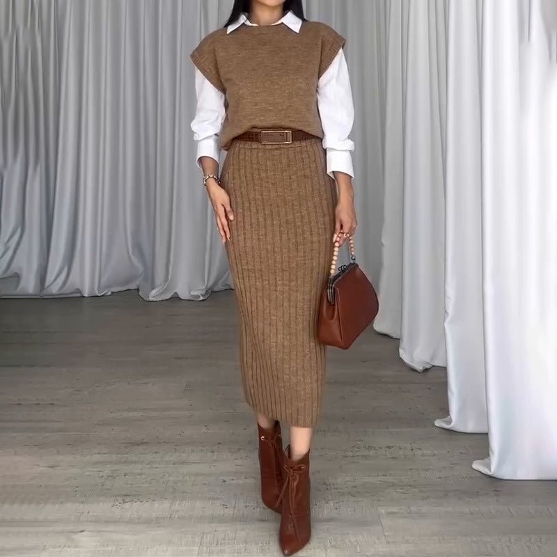 Elysia Women's Outfit | Soft Ribbed Knit Sweater Set with Midi Skirt - Hartwella