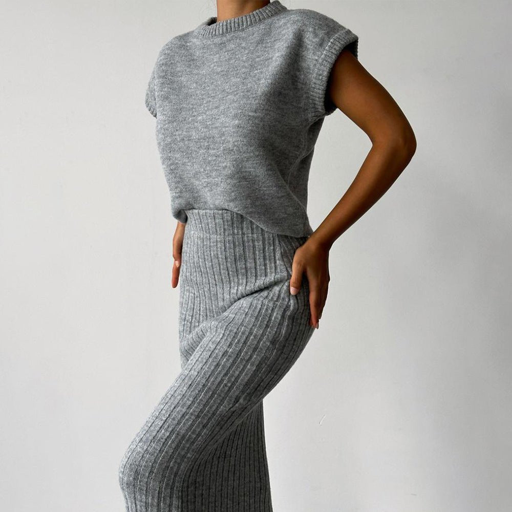 Elysia Women's Outfit | Soft Ribbed Knit Sweater Set with Midi Skirt - Hartwella