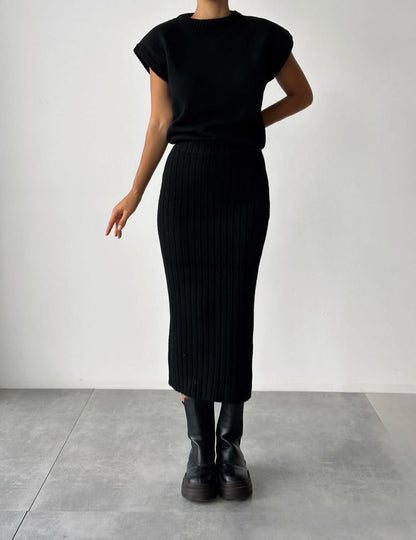 Elysia Women's Outfit | Soft Ribbed Knit Sweater Set with Midi Skirt - Hartwella