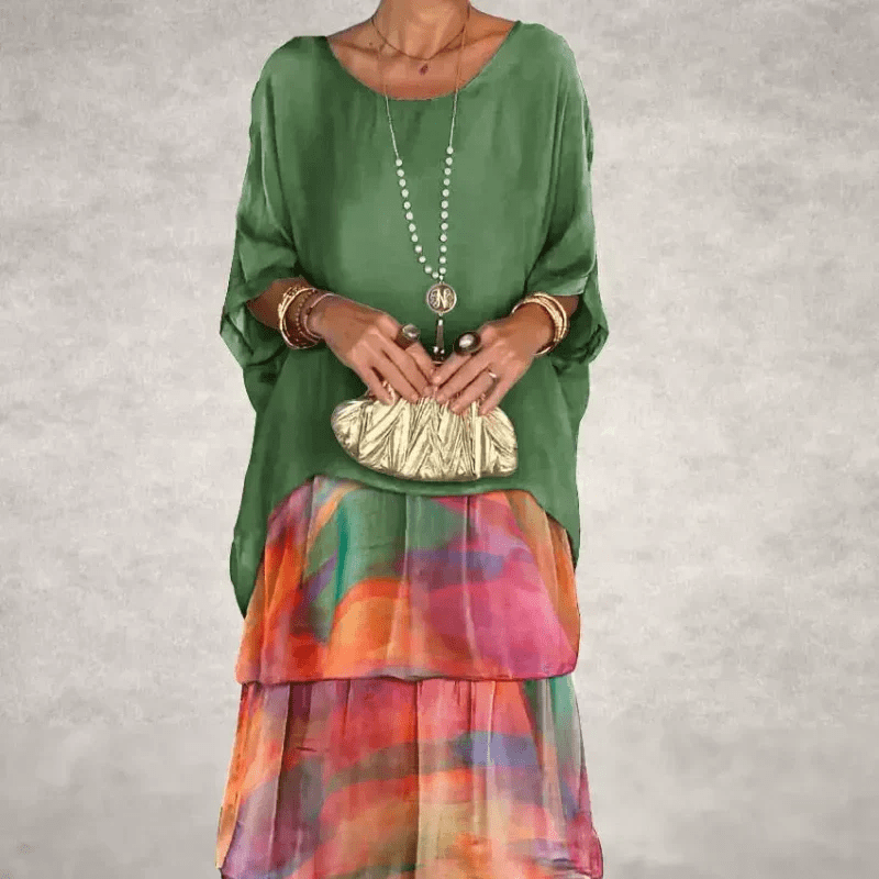 Elysian Floral Dress | Elegant Round Neck, Layered Design - Hartwella
