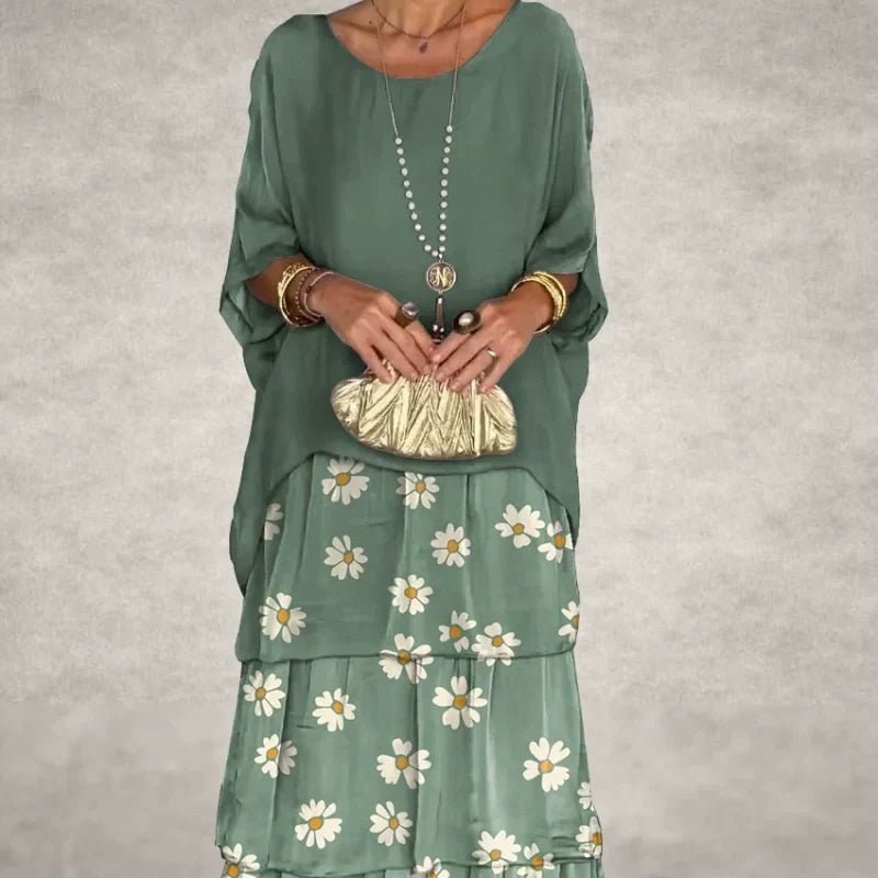Elysian Floral Dress | Elegant Round Neck, Layered Design - Hartwella