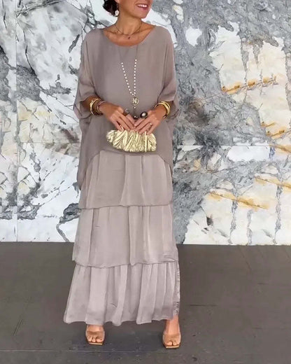 Elysian Floral Dress | Elegant Round Neck, Layered Design - Hartwella