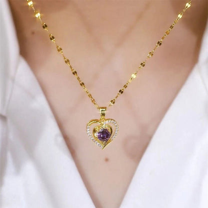 Elysian Heart Necklace | Double Heart Design, Purple Rhinestone Accents - Hartwella
