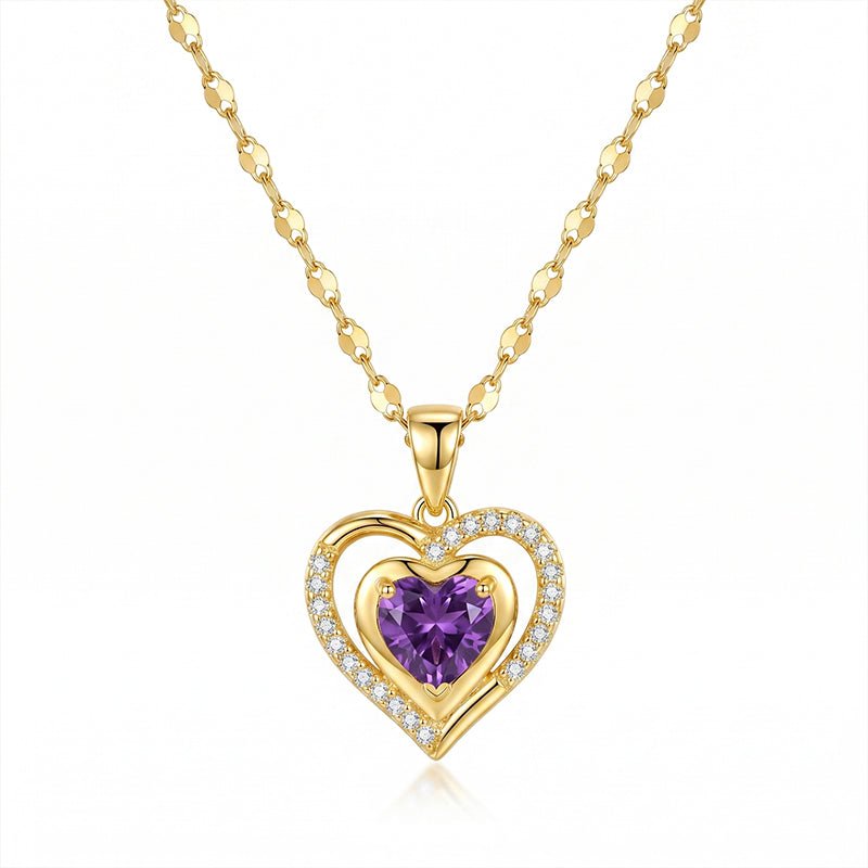 Elysian Heart Necklace | Double Heart Design, Purple Rhinestone Accents - Hartwella