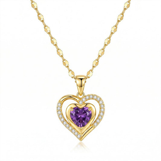 Elysian Heart Necklace | Double Heart Design, Purple Rhinestone Accents - Hartwella