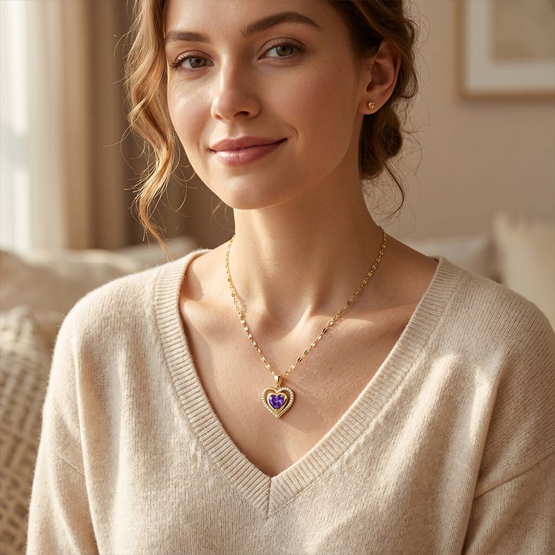 Elysian Heart Necklace | Double Heart Design, Purple Rhinestone Accents - Hartwella