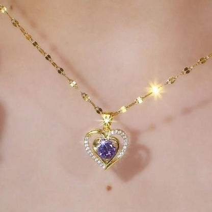 Elysian Heart Necklace | Double Heart Design, Purple Rhinestone Accents - Hartwella