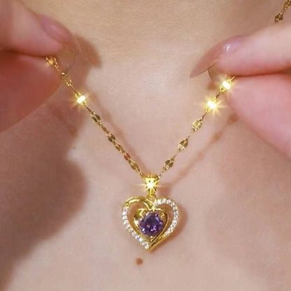 Elysian Heart Necklace | Double Heart Design, Purple Rhinestone Accents - Hartwella