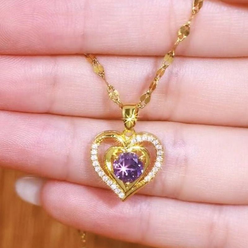 Elysian Heart Necklace | Double Heart Design, Purple Rhinestone Accents - Hartwella
