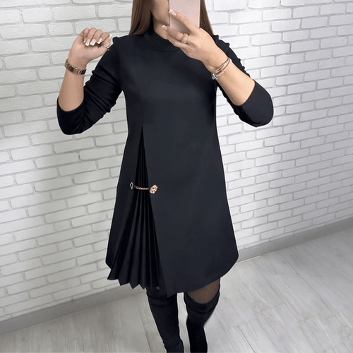 Elysian Pleated Dress | A-Line, Long Sleeve Black Midi Dress for Women - Hartwella