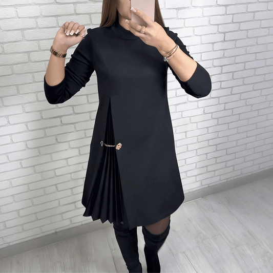 Elysian Pleated Dress | A-Line, Long Sleeve Black Midi Dress for Women - Hartwella