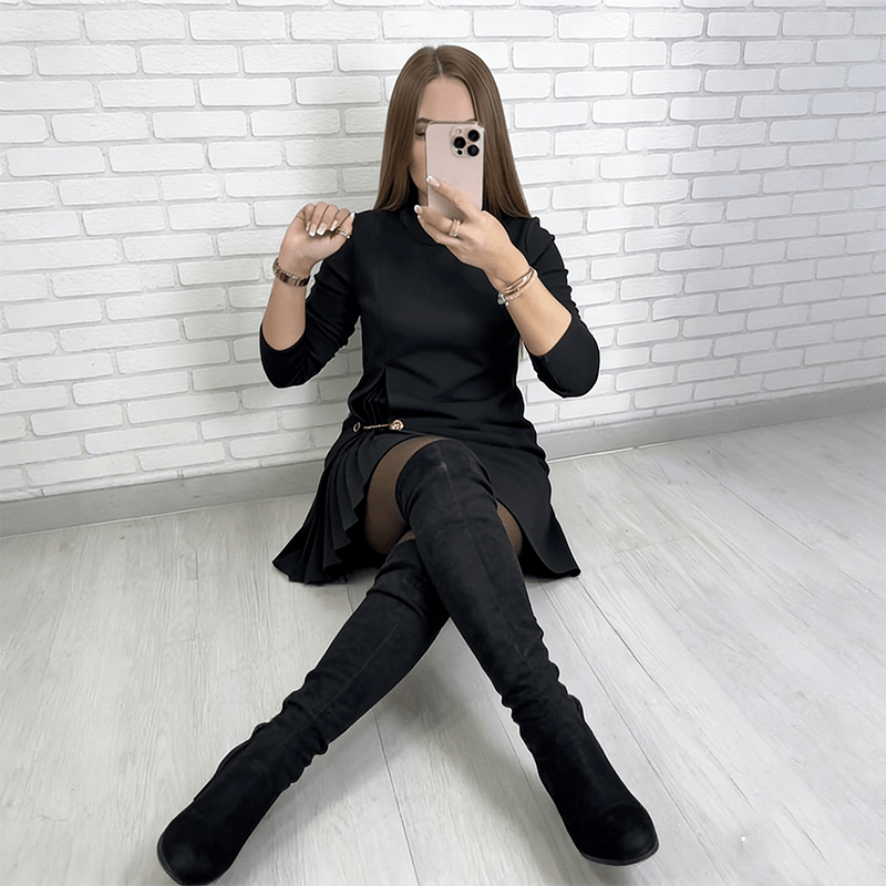Elysian Pleated Dress | A-Line, Long Sleeve Black Midi Dress for Women - Hartwella