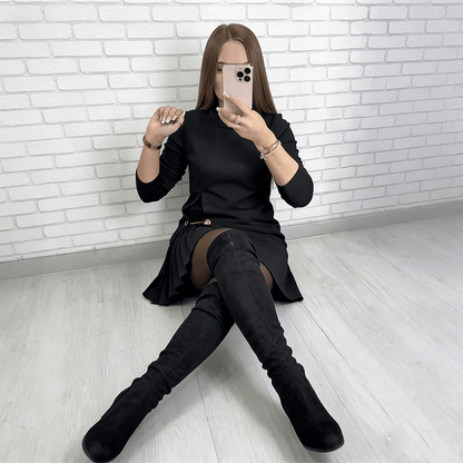 Elysian Pleated Dress | A-Line, Long Sleeve Black Midi Dress for Women - Hartwella