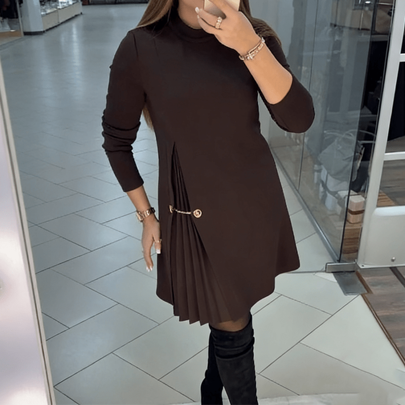 Elysian Pleated Dress | A-Line, Long Sleeve Black Midi Dress for Women - Hartwella