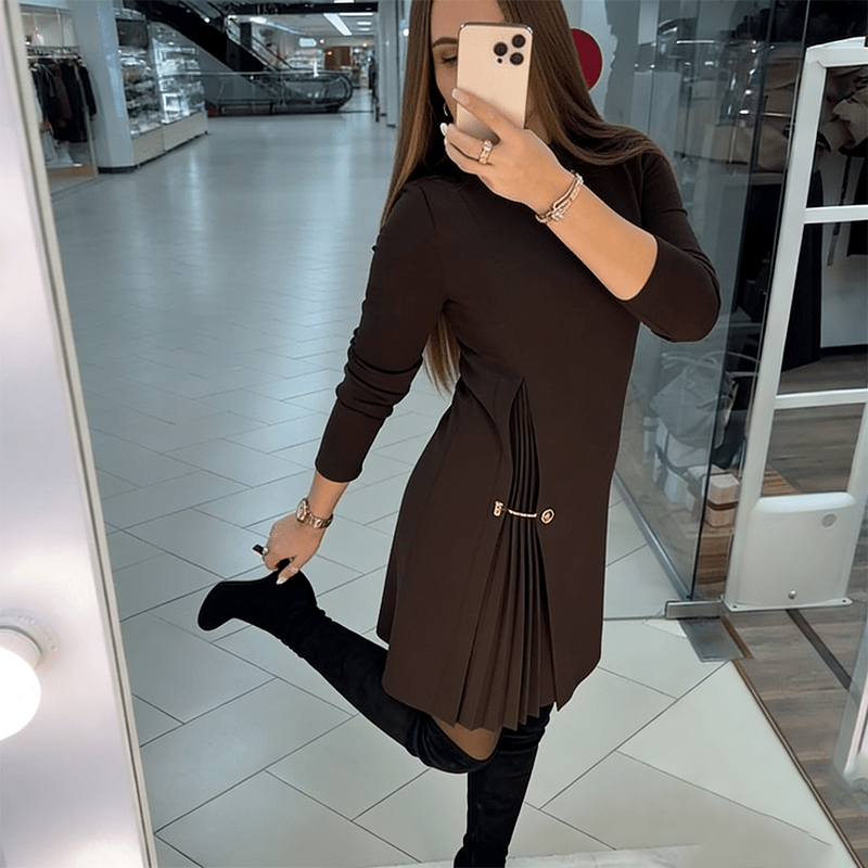 Elysian Pleated Dress | A-Line, Long Sleeve Black Midi Dress for Women - Hartwella