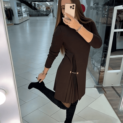 Elysian Pleated Dress | A-Line, Long Sleeve Black Midi Dress for Women - Hartwella