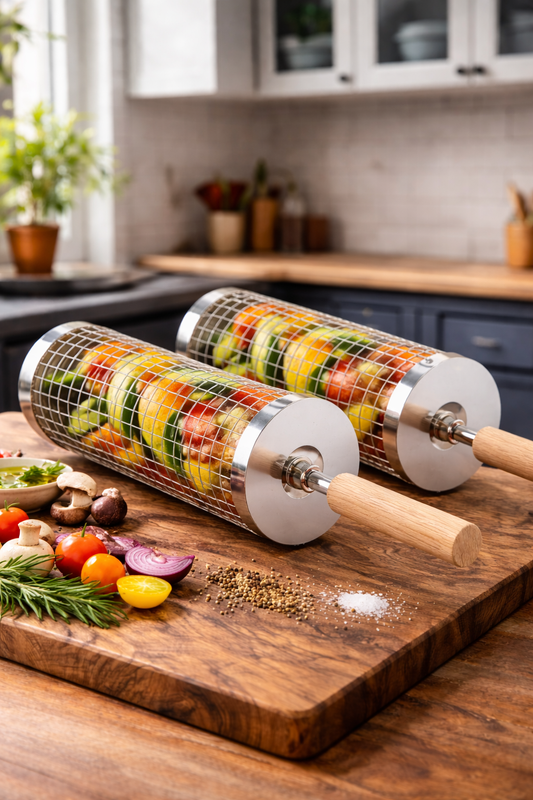 FlareRoll Rolling Basket Handle | Durable Stainless Steel, Wooden Handles - Hartwella