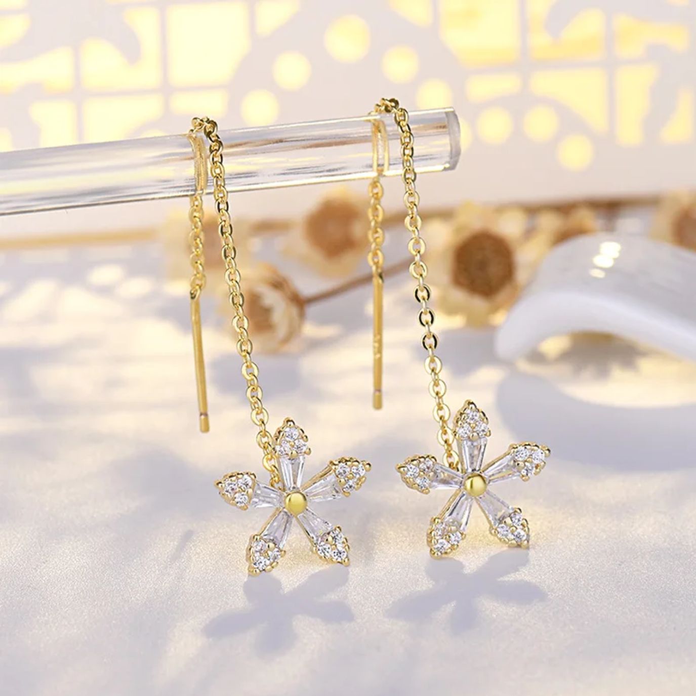 Fleur Diamond Earrings for Women | Dainty Floral Design, Gold - Plated - Hartwella