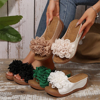 Fleur Wedge Sandals | Floral Appliqué, Slip - On Design - Hartwella