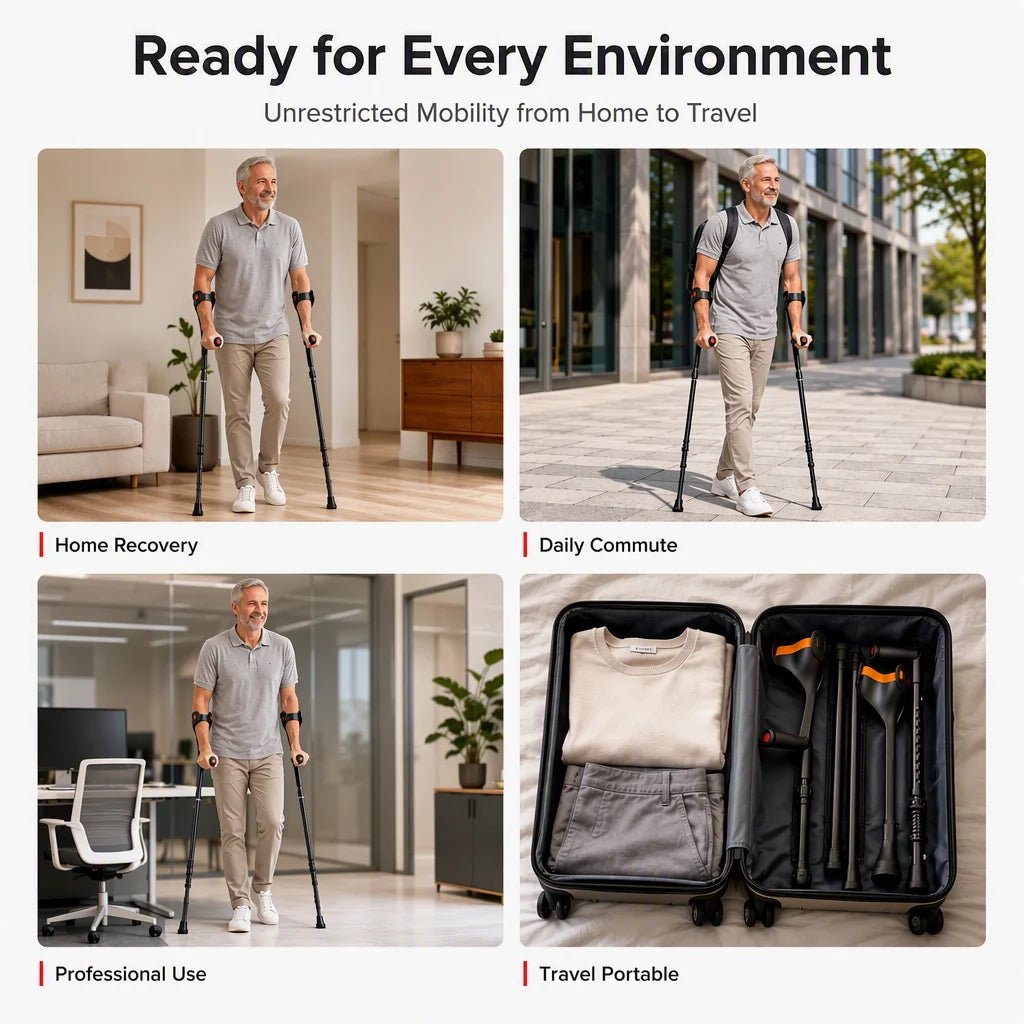 Flexi Folding Crutches | Shock Absorbing, Non-Slip, Adjustable Aluminum - Hartwella