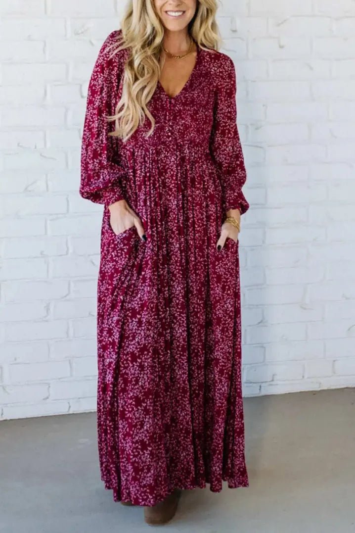 Flora Maxi Dress | Floral Rayon, Smocked Waist, Long Sleeves - Hartwella