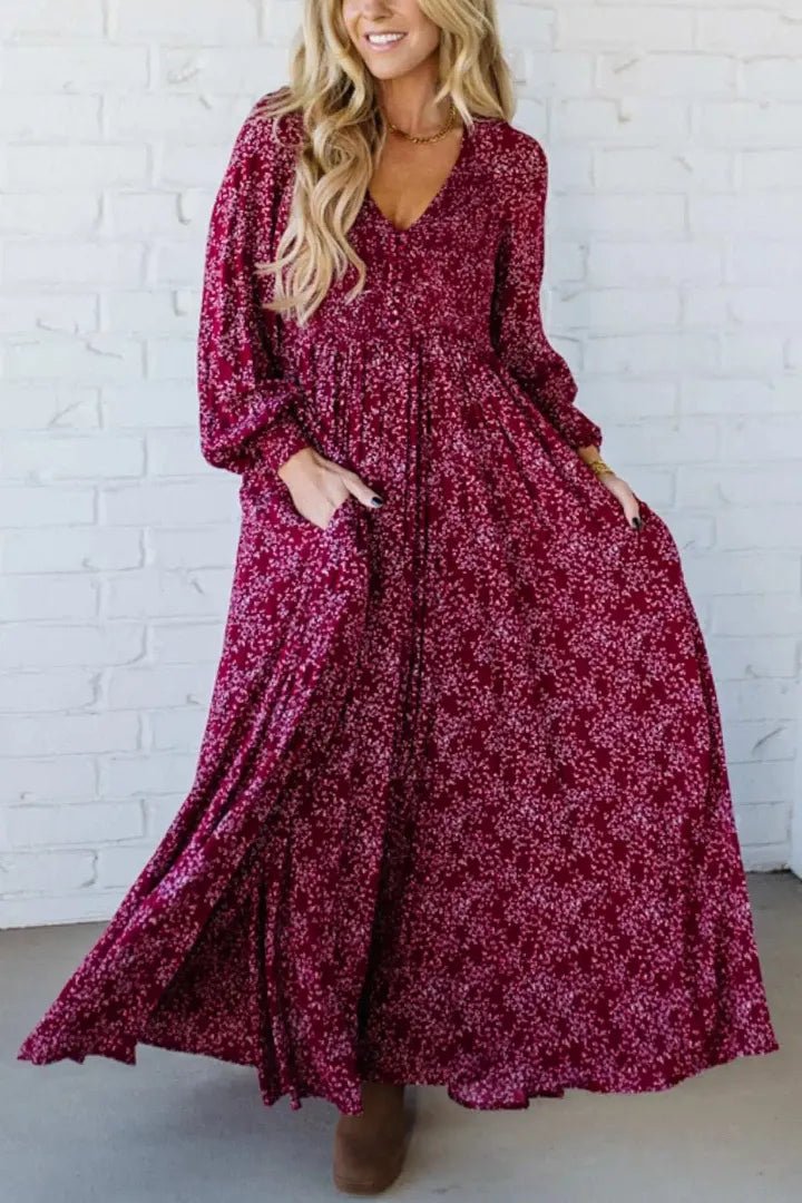 Flora Maxi Dress | Floral Rayon, Smocked Waist, Long Sleeves - Hartwella