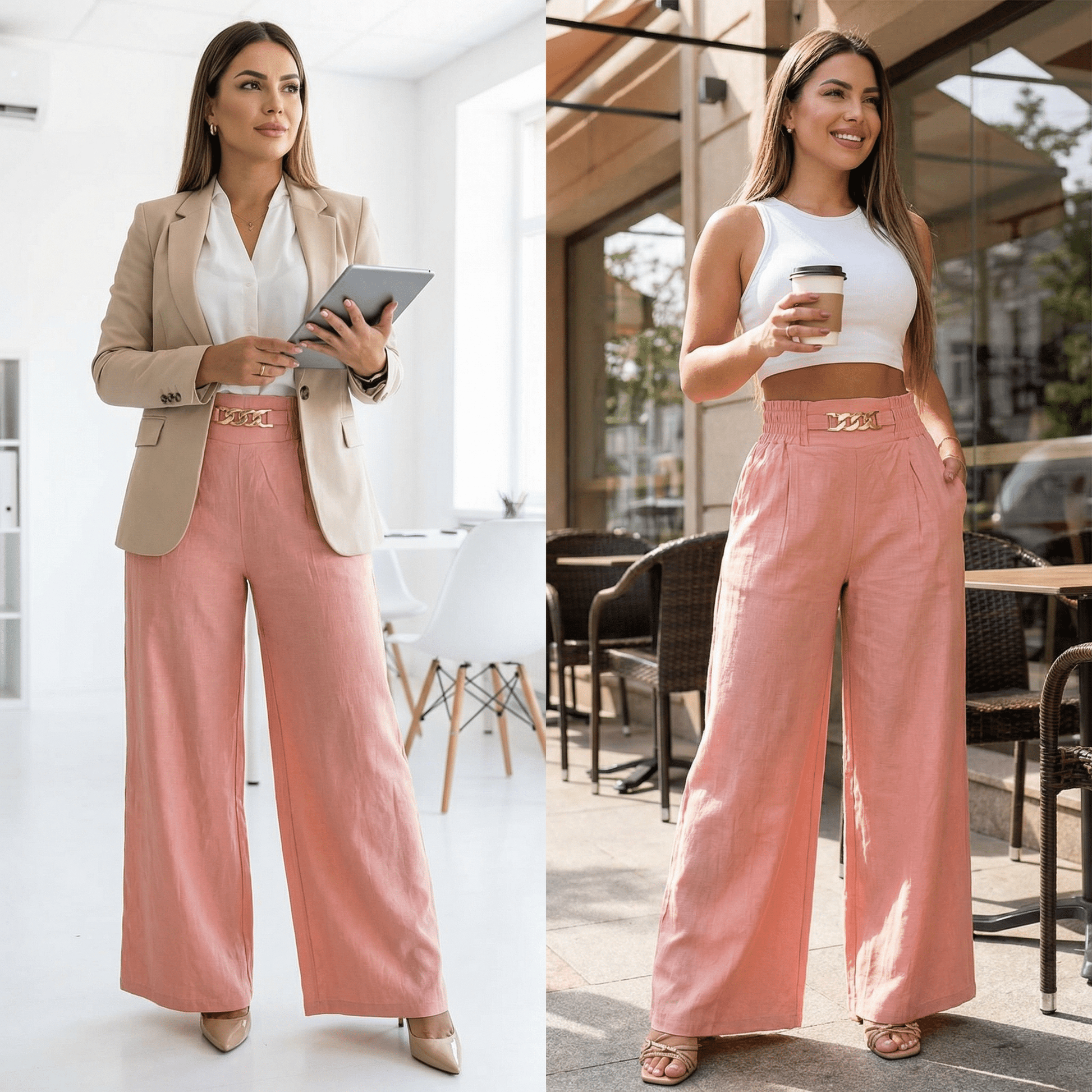 Florena Wide Leg Trousers | High Waist with Gold Chain Accent - Hartwella