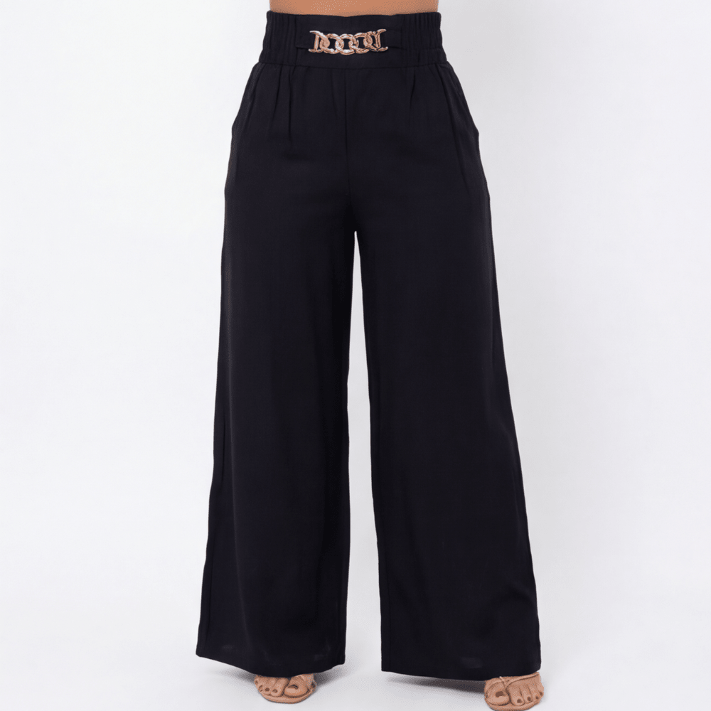 Florena Wide Leg Trousers | High Waist with Gold Chain Accent - Hartwella