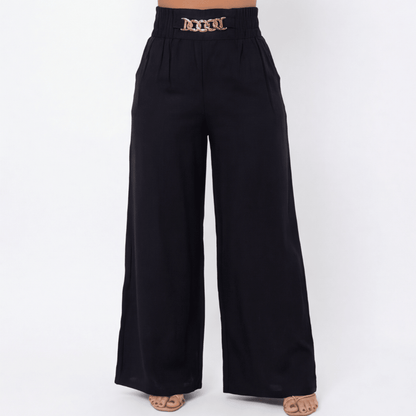 Florena Wide Leg Trousers | High Waist with Gold Chain Accent - Hartwella