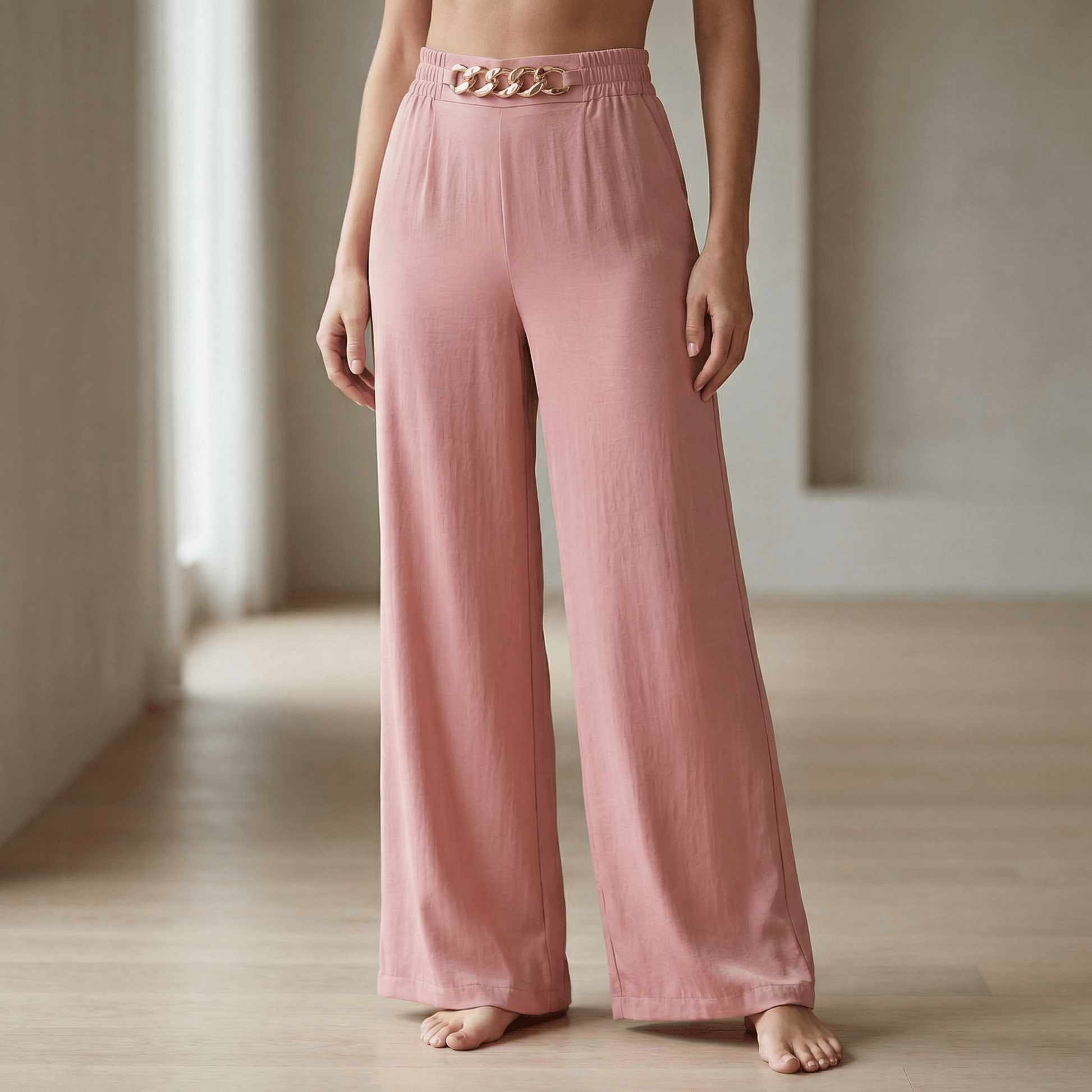 Florena Wide Leg Trousers | High Waist with Gold Chain Accent - Hartwella