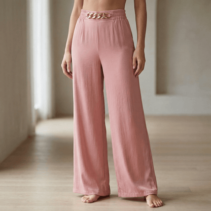 Florena Wide Leg Trousers | High Waist with Gold Chain Accent - Hartwella