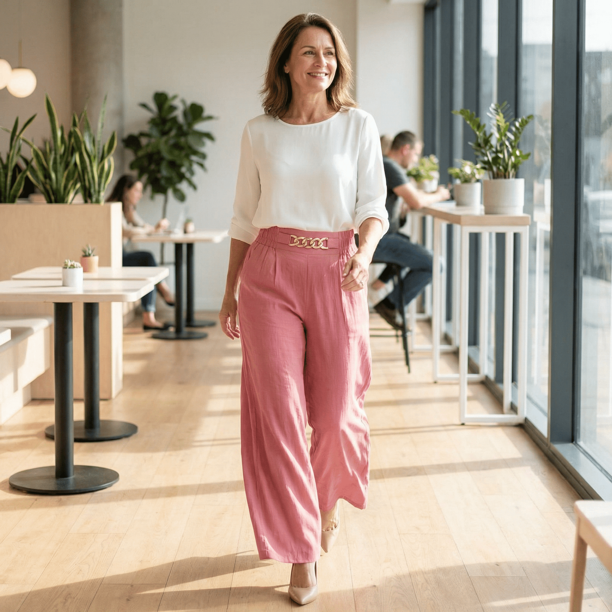 Florena Wide Leg Trousers | High Waist with Gold Chain Accent - Hartwella