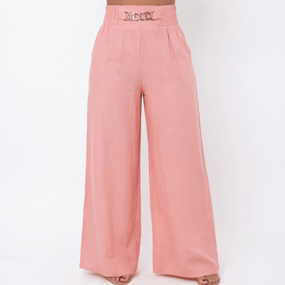 Florena Wide Leg Trousers | High Waist with Gold Chain Accent - Hartwella
