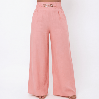 Florena Wide Leg Trousers | High Waist with Gold Chain Accent - Hartwella
