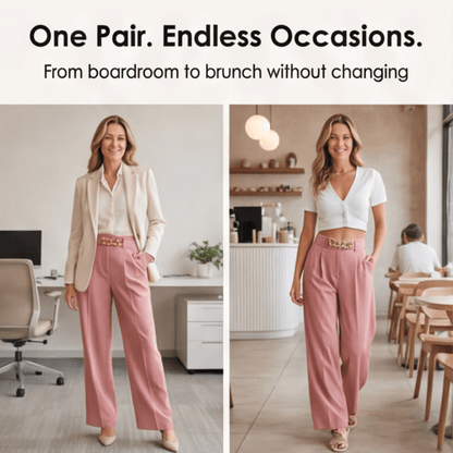 Florena Wide Leg Trousers | High Waist with Gold Chain Accent - Hartwella