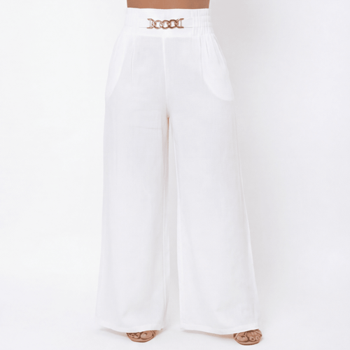 Florena Wide Leg Trousers | High Waist with Gold Chain Accent - Hartwella