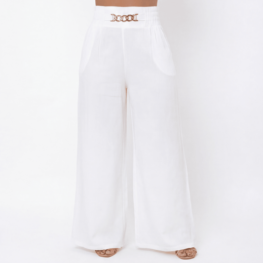 Florena Wide Leg Trousers | High Waist with Gold Chain Accent - Hartwella