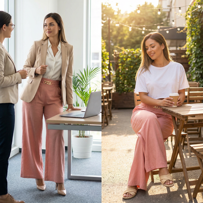Florena Wide Leg Trousers | High Waist with Gold Chain Accent - Hartwella