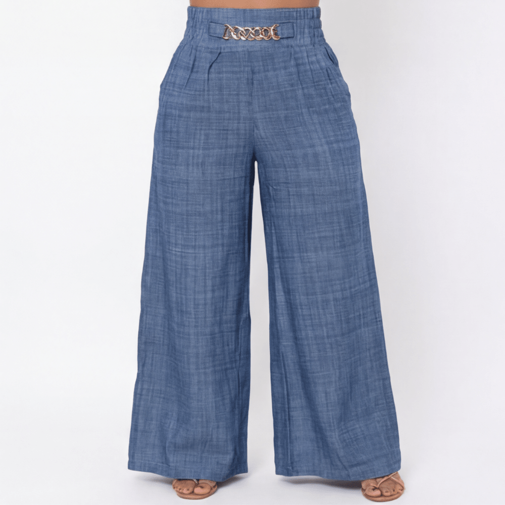 Florena Wide Leg Trousers | High Waist with Gold Chain Accent - Hartwella