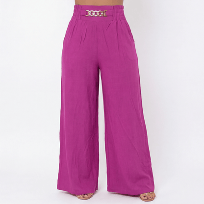 Florena Wide Leg Trousers | High Waist with Gold Chain Accent - Hartwella